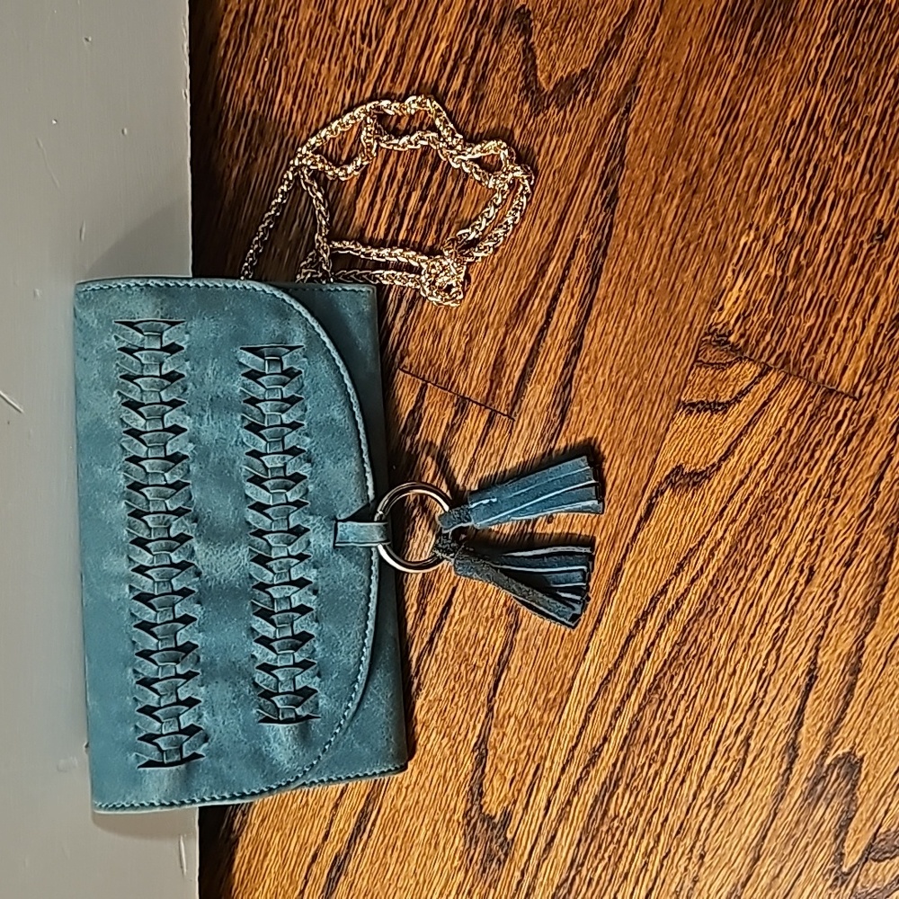 Street Level‎ Green Suede Leather Wallet Purse Clutch Gold Chain Strap Tassels